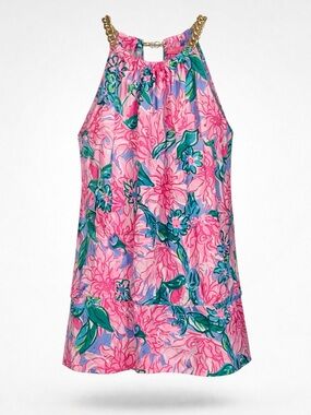 Lilly Pulitzer Loro Gold Chain Halter Top Dahlia Day Print Size S